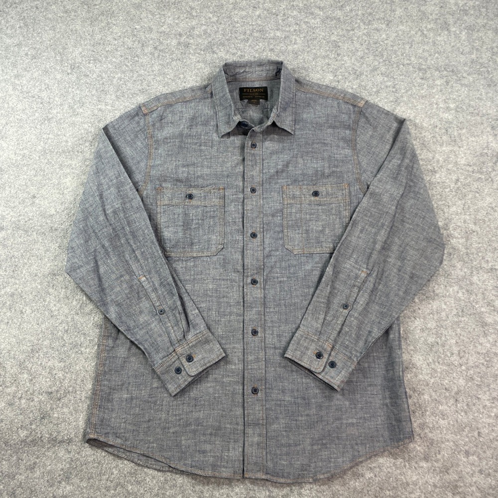 C.C. Filson Mens Button Down Shirt Medium Blue Chambray Denim Long Sleeve Cotton - Picture 2 of 12